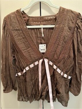 Like new Free People Brown Boho Pintuck Peasant Blouse with Pink Ribbon